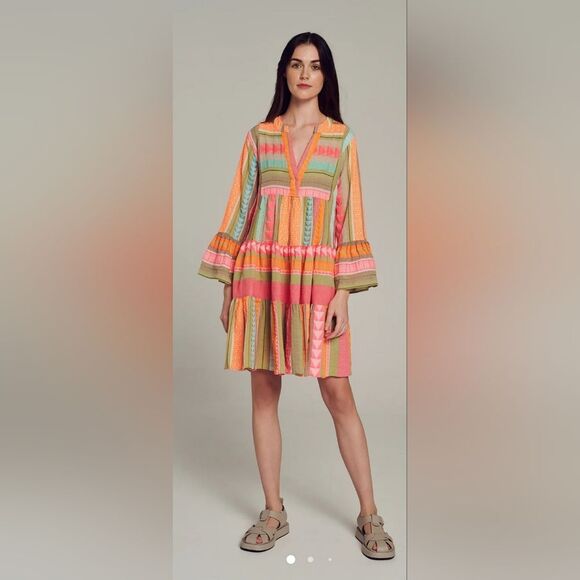 Devotion Twins Ella Dress Sz M - Short Tunic V-Neck Pink / Orange Neon - Picture 1 of 10